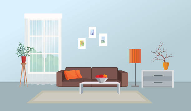 wohnzimmer-interieur. möbeldesign. inneneinrichtung mit sofa, tisch, fenster - teppichboden couch stock-grafiken, -clipart, -cartoons und -symbole