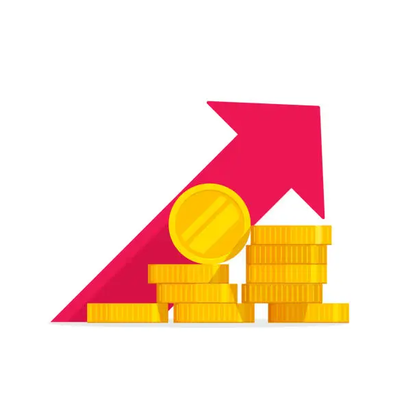 Vector illustration of Money growth vector illustration, flat golden coins pile with revenue graph, concept of income increase or earnings, financial boost chart, success capital investment, cash budget isolated
