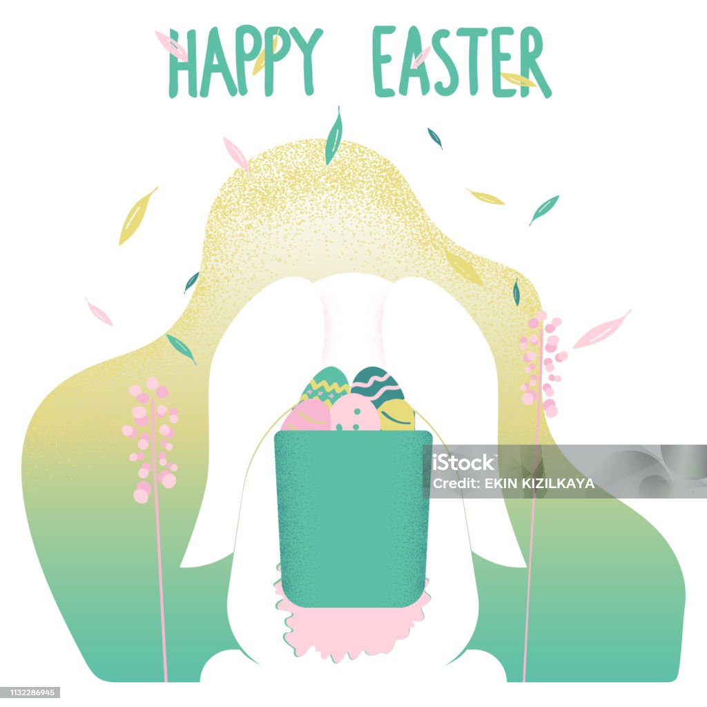 Easter Bunny Carrying Basket with Eggs Happy Easter greeting card design. Easter Bunny Carrying Basket with Eggs vector illustration. Animal stock vector