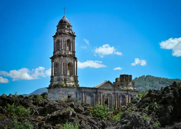San Juan Parangaricutiro, small village near the Parícutin volcano in Michoacan, Mexico. Destroyed during the formation of the Parícutin volcano in 1943