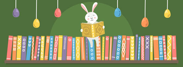 Easter bunny reading book on bookshelf Easter bunny reading book on bookshelf. Cute Easter greeting illustration for children libraries, bookstores, schools etc. animal spine stock illustrations