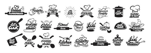 illustrations, cliparts, dessins animés et icônes de grand ensemble de logos de cuisine et de boulangerie dans le style de lettrage. emblèmes de pain. cuisinier, chef, icône d'ustensiles de cuisine ou logo. illustration vectorielle de lettrage manuscrite-vecteur - baking food bread bakery