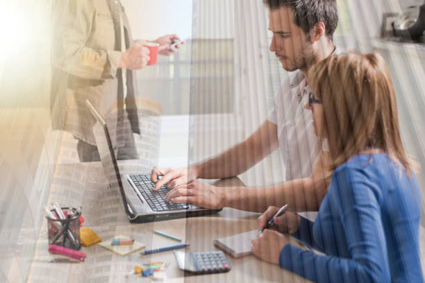 istock Business people working together, double exposure, light effect 1132289715