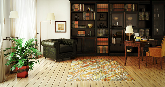 Digitally generated classical home interior (home library) with stylish furniture such as massive bookshelf, home office desk with typewriter and a very comfortable (perfect for reading a good book) Chesterfield armchair.\n\nThis digitally generated image was rendered with photorealistic shaders and lighting in Autodesk® 3ds Max 2016 with V-Ray 3.6 and post-processed with a creative film style for more impact and atmospheric mood.