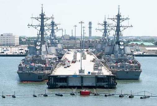 Four navy ships moored in a military base outside Norfolk town (West Virginia).