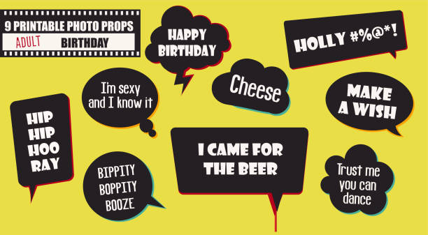 Adult birthday party photo booth props vector elements Adult birthday party photo booth props vector elements. Illustration with speech bubbles with quotes for taking funny pictures birthday photos stock illustrations