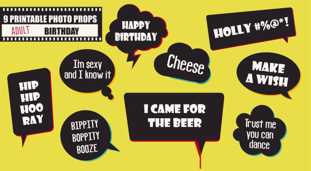 Adult birthday party photo booth props vector elements Adult birthday party photo booth props vector elements. Illustration with speech bubbles with quotes for taking funny pictures vintage funny photos stock illustrations