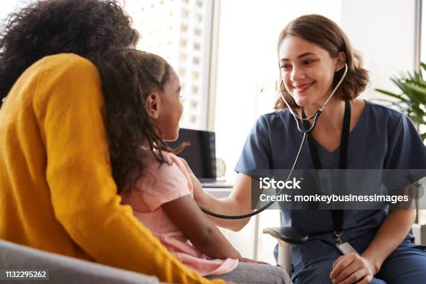 Mujer Pediatra Vistiendo Scrubs Escuchando A Las Niñas Pecho Con Estetoscopio En La Oficina Del Hospital Foto de stock y más banco de imágenes de Personal de enfermería