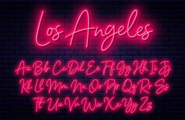 Glowing neon script alphabet. Neon font with uppercase and lowercase letters. Handwritten english alphabet Glowing neon script alphabet. Neon font with uppercase and lowercase letters. Handwritten english alphabet with neon light effect nightlife illustrations stock illustrations