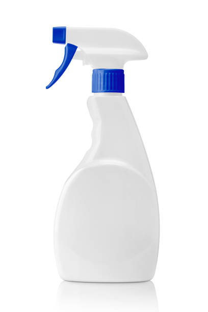 White blank plastic spray bottle isolated on white. Packaging mockup. stock photo