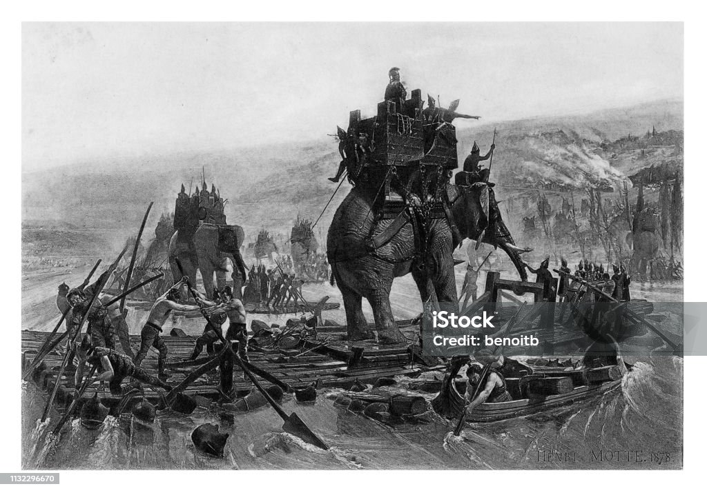 Hannibal and his army crossing the Rhone Hannibal and his army crossing the Rhone  - Scanned 1894 Engraving Hannibal - Military Commander stock illustration