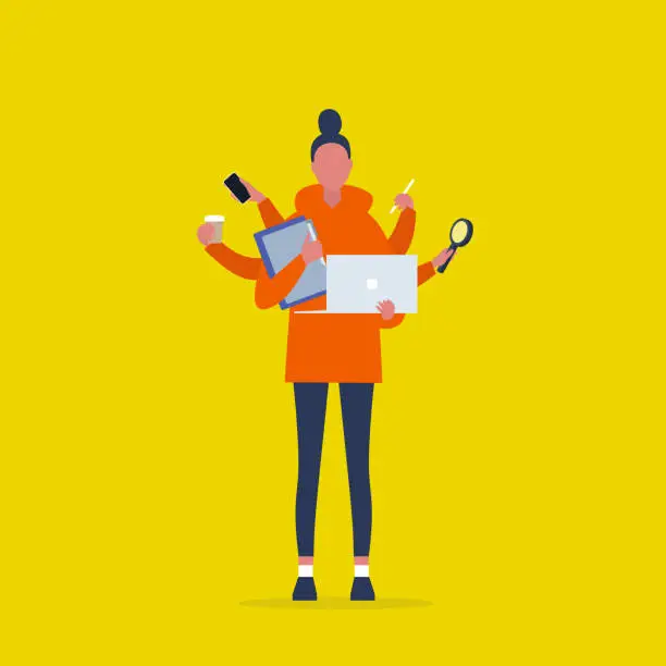 Vector illustration of Multitasking millennial concept. Young female character with six hands doing a lot of tasks at the same time  / flat editable vector illustration