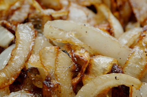 Background macro of sliced fried cooked onions