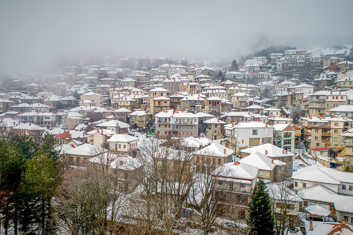 Aerial view of the snowy Metsovo is a town in Epirus, in the mountains of Pindus in northern Greece and attracts many visitors