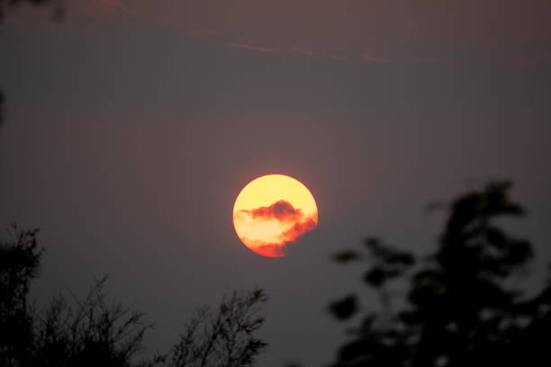 Big red sun on hills on sunset view