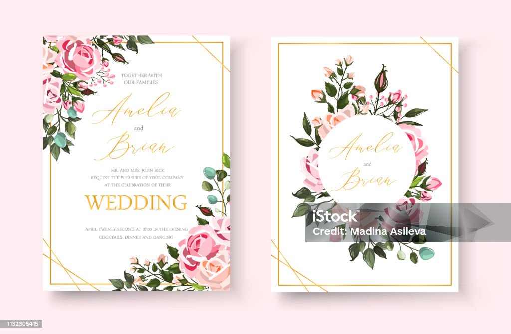 stock-vector-wedding-invitation-floral-invite-thank-you-rsvp-modern-card-design-green-tropical-palm-leaf-1005706003 Wedding floral golden invitation card save the date design with pink flowers roses and green leaves wreath and frame. Botanical elegant decorative vector template in watercolor style Wedding stock vector