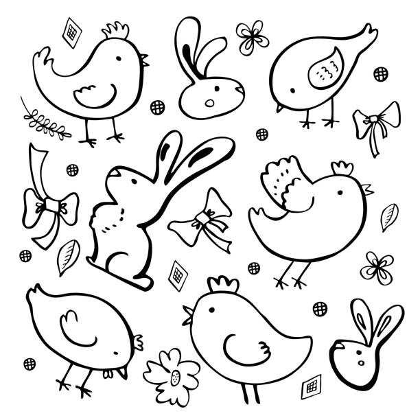ilustrações, clipart, desenhos animados e ícones de jogo do esboço de easter. coelhos, galinhas e plantas. ilustração desenhada mão do vetor da tinta do esboço - craft ribbon flower black