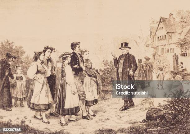 The Walk To The Fair Stock Illustration - Download Image Now - Dirndl, 1870-1879, 19th Century