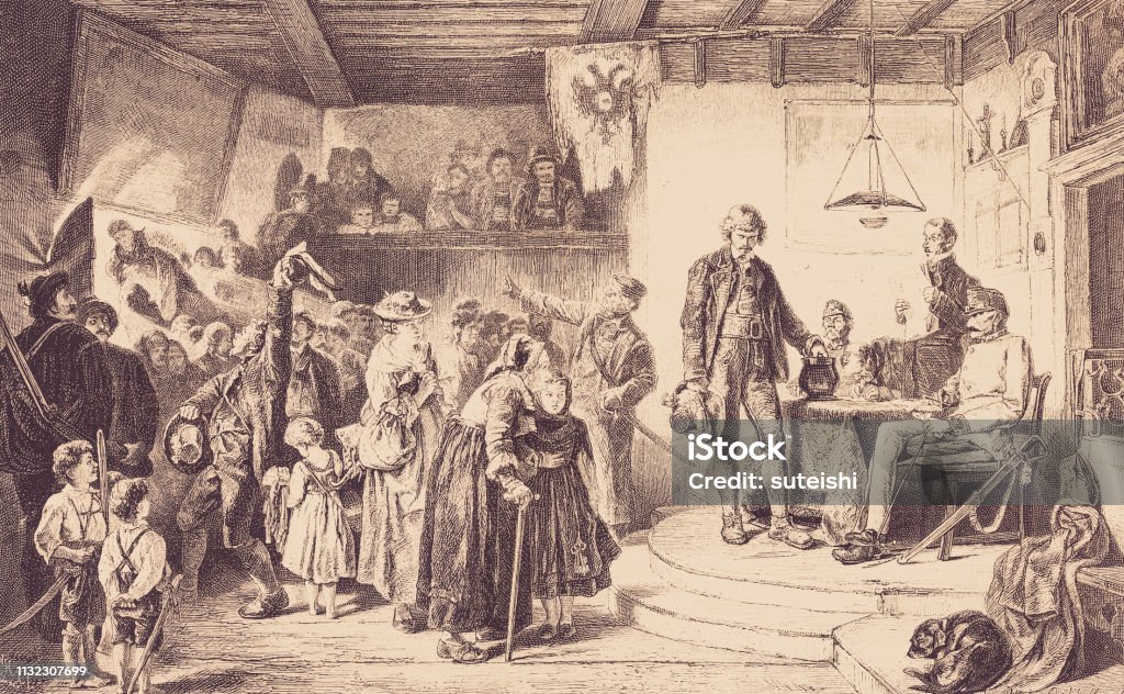 Recruitment in Tyrol history, vintage, illustration, retro style,  19th Century Style, old, Recruitment, Tyrol, Engraved Image stock illustration