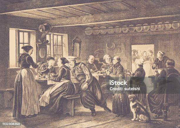 In An Inn On The Island Of Amak In Denmark Stock Illustration - Download Image Now - Tea - Hot Drink, History, Old-fashioned