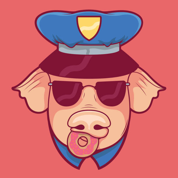 świnia policyjna jedząca ilustrację wektorową pączka. - humor badge blue crime stock illustrations