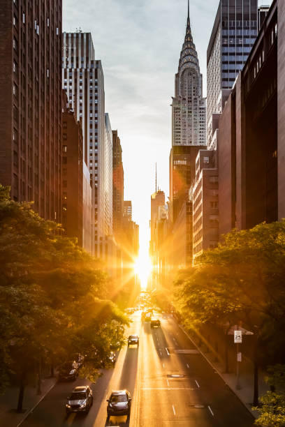 luce del tramonto che brilla sugli edifici e sulle auto sulla 42nd street a midtown new york city - new york state immagine foto e immagini stock