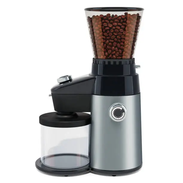Electric coffee grinder with coffee beans, 3D rendering isolated on white background