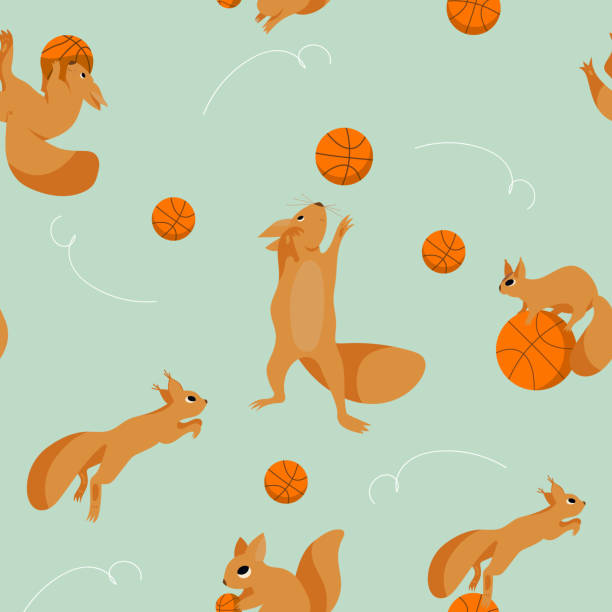 ilustraciones, imágenes clip art, dibujos animados e iconos de stock de conjunto de dibujos animados, patrón sin fisuras con ardillas juguetonas jugando en el baloncesto - bread food basket sweet bun