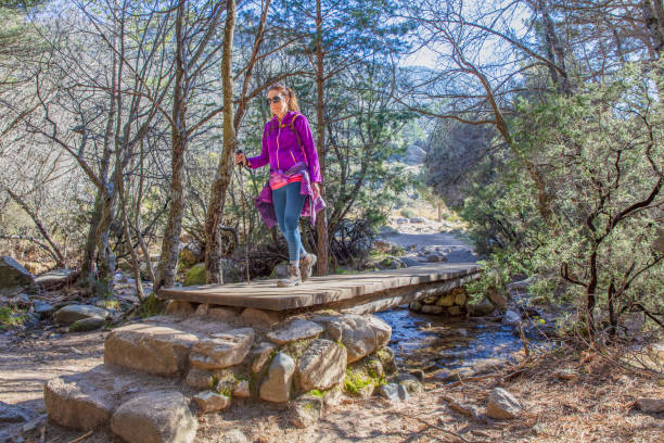 istock hiker woman crossing a bridge over a stream in a forest 1132315624