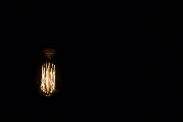 istock Close up of a decorative squirrel cage bulb with interesting filaments isolated on dark background. 1132316992