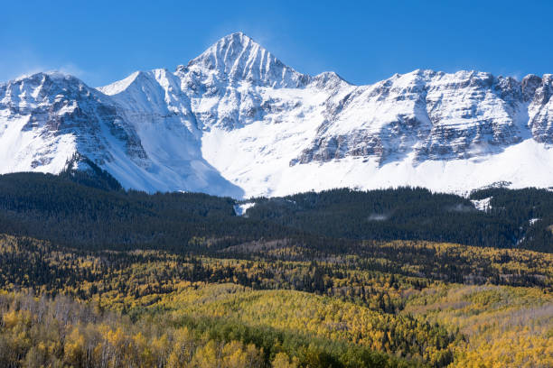 Early Autumn Snow Covered Wilson Peak in Southwestern Colorado. stock photo