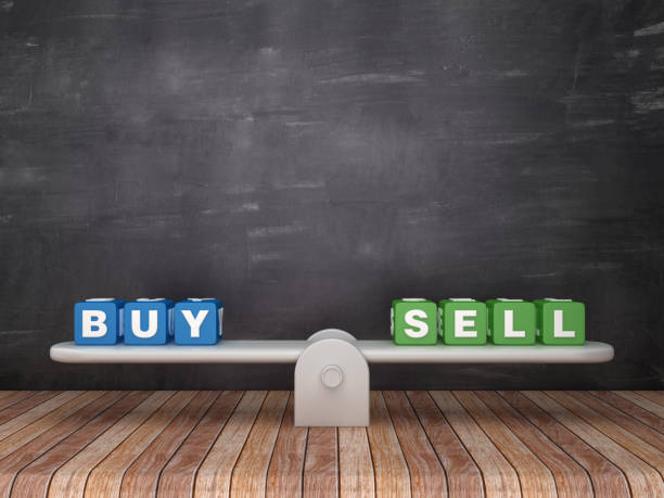 istock Seesaw Scale with BUY SELL Cubes on Chalkboard Background - 3D Rendering 1132319053