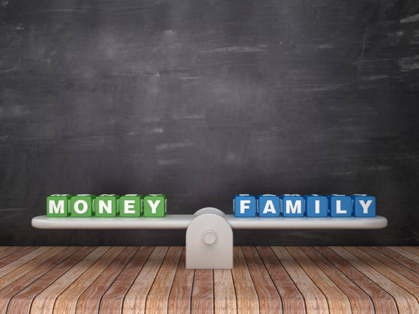 istock Seesaw Scale with MONEY FAMILY Cubes on Chalkboard Background - 3D Rendering 1132319081