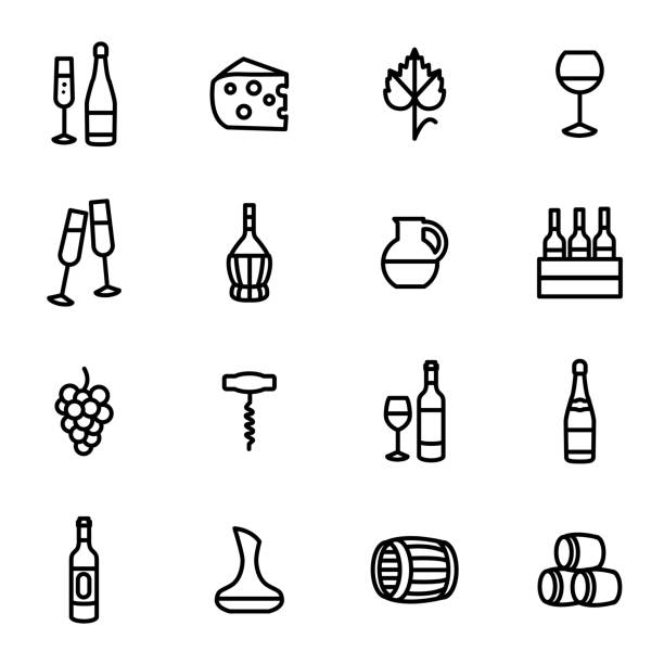 illustrazioni stock, clip art, cartoni animati e icone di tendenza di wine signs black thin line icon set. vettore - wine cheese food cellar