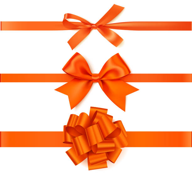 Set of decorative orange bows with horizontal orange ribbons isolated on white background. vector art illustration