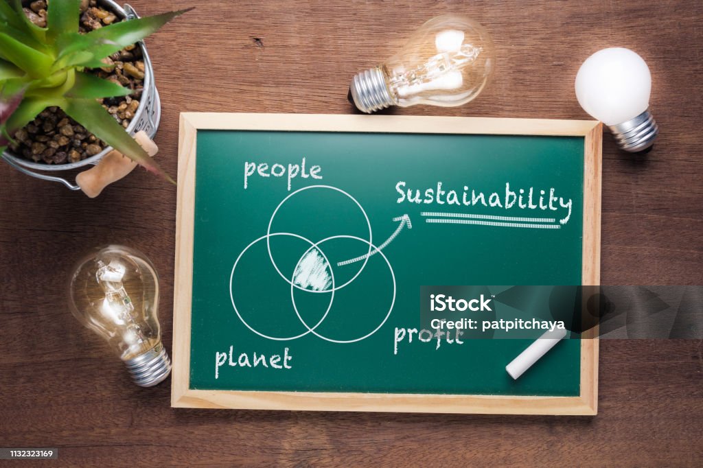 Sustainability Chart Sustainability topic and union chart of people, planet and profit on chalkboard with glowing light bulbs Sustainable Resources Stock Photo