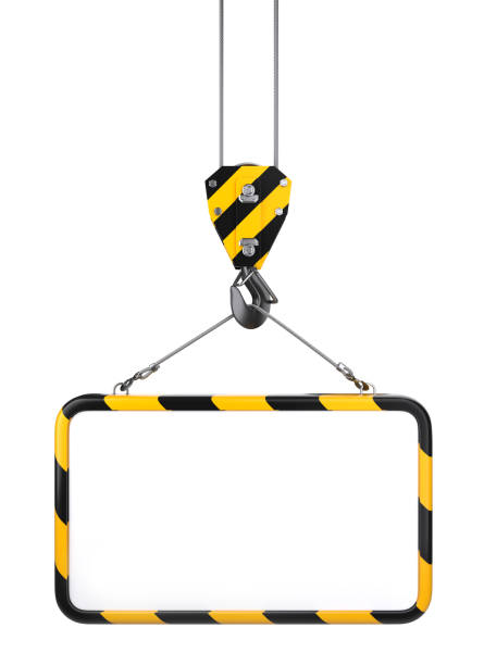 istock Crane hook hanging on a steel ropes with frame on - template for industrial banner front view. 1132323170