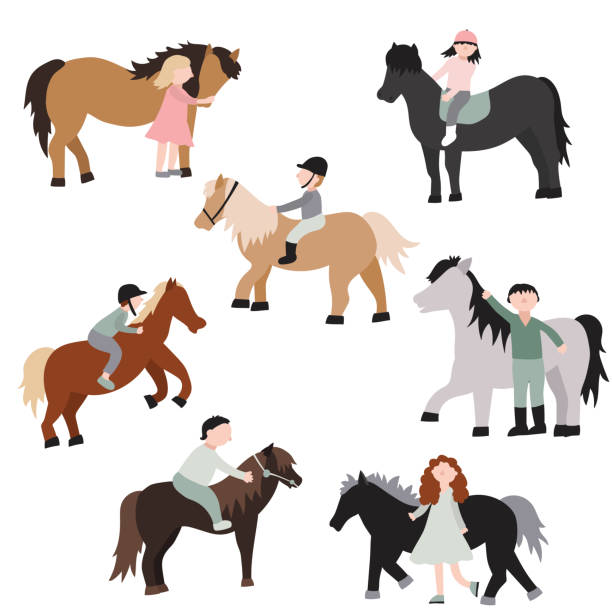 illustrazioni stock, clip art, cartoni animati e icone di tendenza di cartoon characters kids riding ponies set. vettore - horse child pony little girls