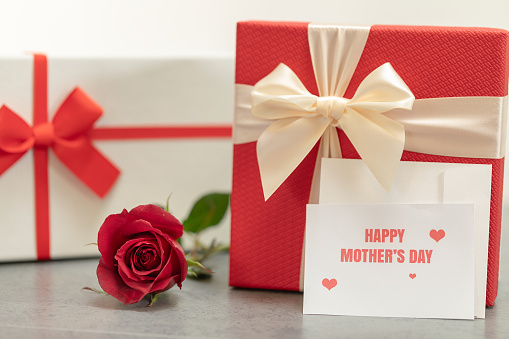 Happy Mother's Day Message With Gift Boxes and Red Rose