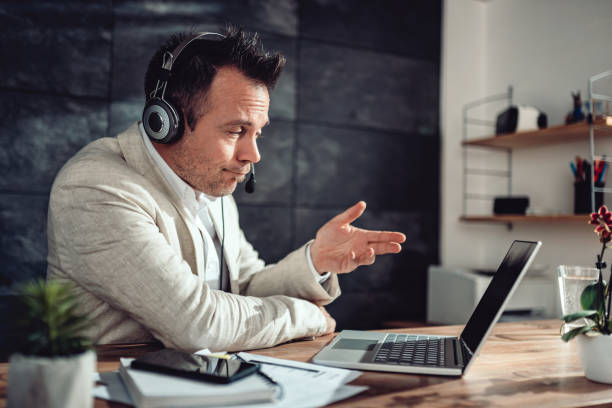 istock Businessman having online meeting in his office 1132325585