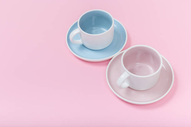 istock Clean dishes, coffee or tea set on pink background. top view and flat lay 1132328633