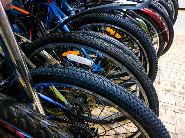 istock Bicycle wheels in workshop.Bicycles in the store close-up 1132328678