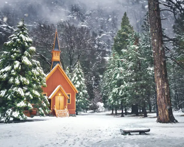 Photo of Yosemite Valley Chapel at winter with snow - Yosemite National Park, California, USA