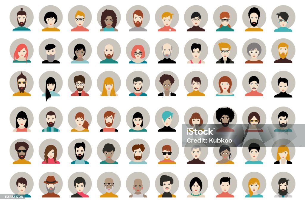 Avatar, mujer, cabezas de hombre. Personas de forma vectorial cabezas de diferentes nacionalidades - arte vectorial de Personas libre de derechos