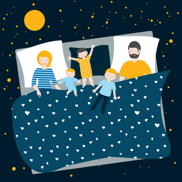 familie der eltern und drei kinder schlafen gemeinsam im bett. - 5087 stock-grafiken, -clipart, -cartoons und -symbole