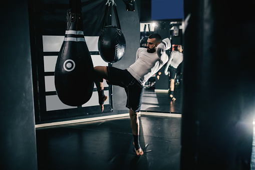 Muscular powerful Caucasian kick-boxer with boxing gloves on and in sportswear kicking bag in dark gym.