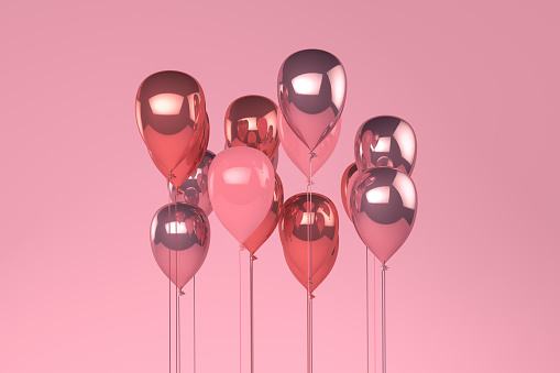 3d rendering of shiny balloons on pink background. Empty space for birthday, party, promotion social media banners, posters.