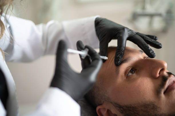 iniezione di filler per viso maschile in clinica di bellezza - iniezione di botulino foto e immagini stock