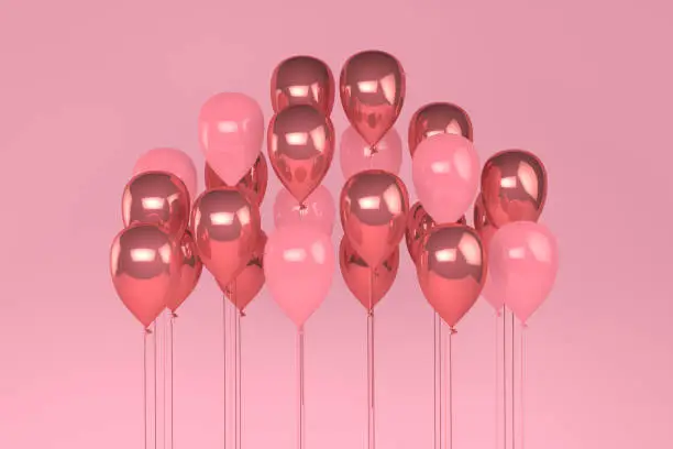 3d rendering of shiny balloons on pink background. Empty space for birthday, party, promotion social media banners, posters.