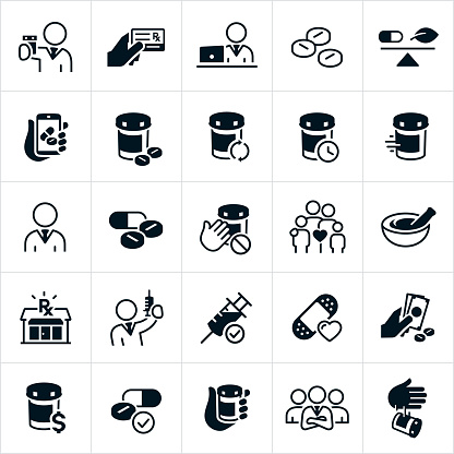 A set of pharmacy icons. The icons include pharmacists, medicine, prescriptions, pills, medications, insurance card, natural medicines, online prescriptions, prescription refills, family, dangers, mortar and pestle, pharmacy, flu shot, immunization, bandage, purchasing medications, medication costs, pill bottle, and disposal of medications to name just a few.